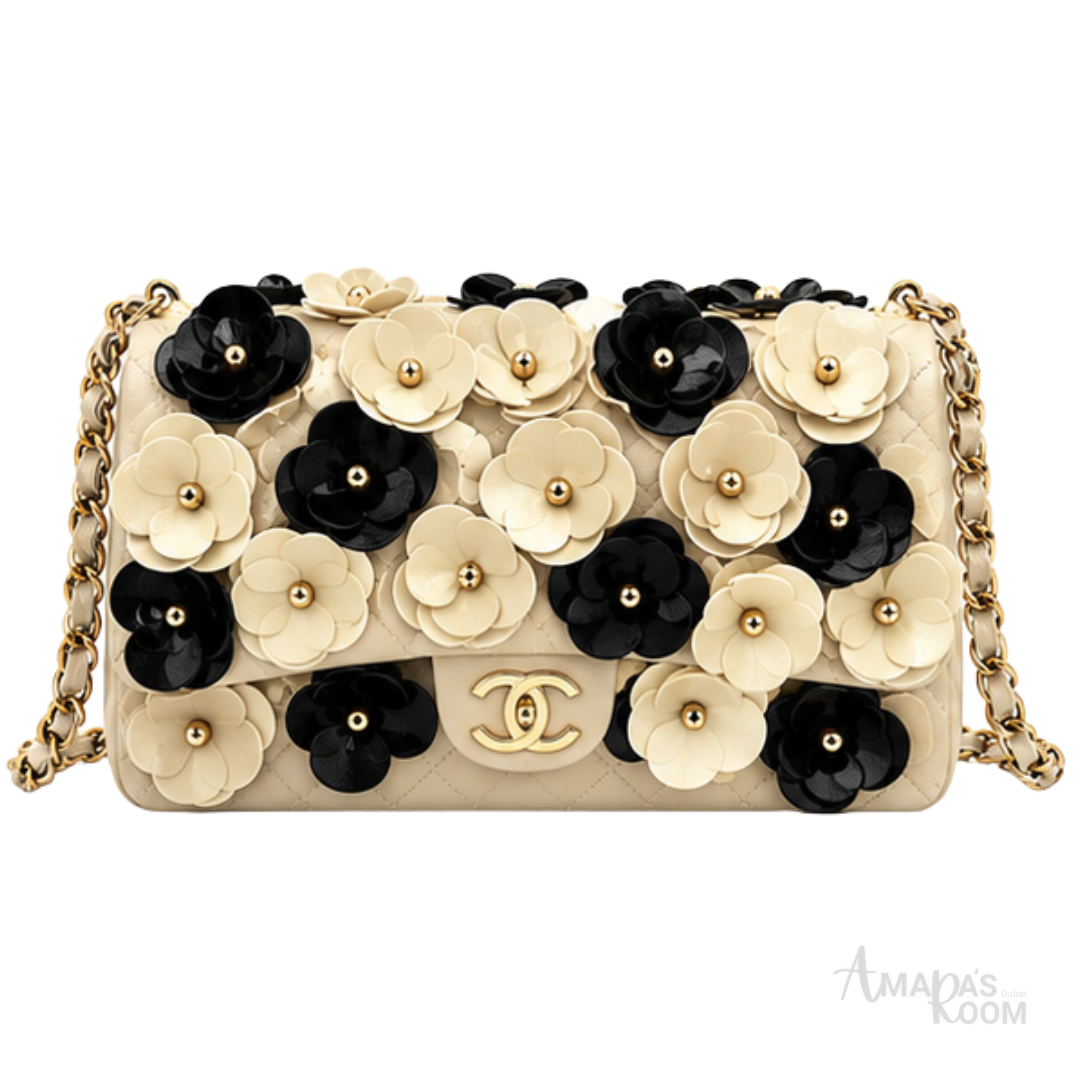 Chanel Bag | Camellia Appliqué Classic Flap Bag – Beige – Black