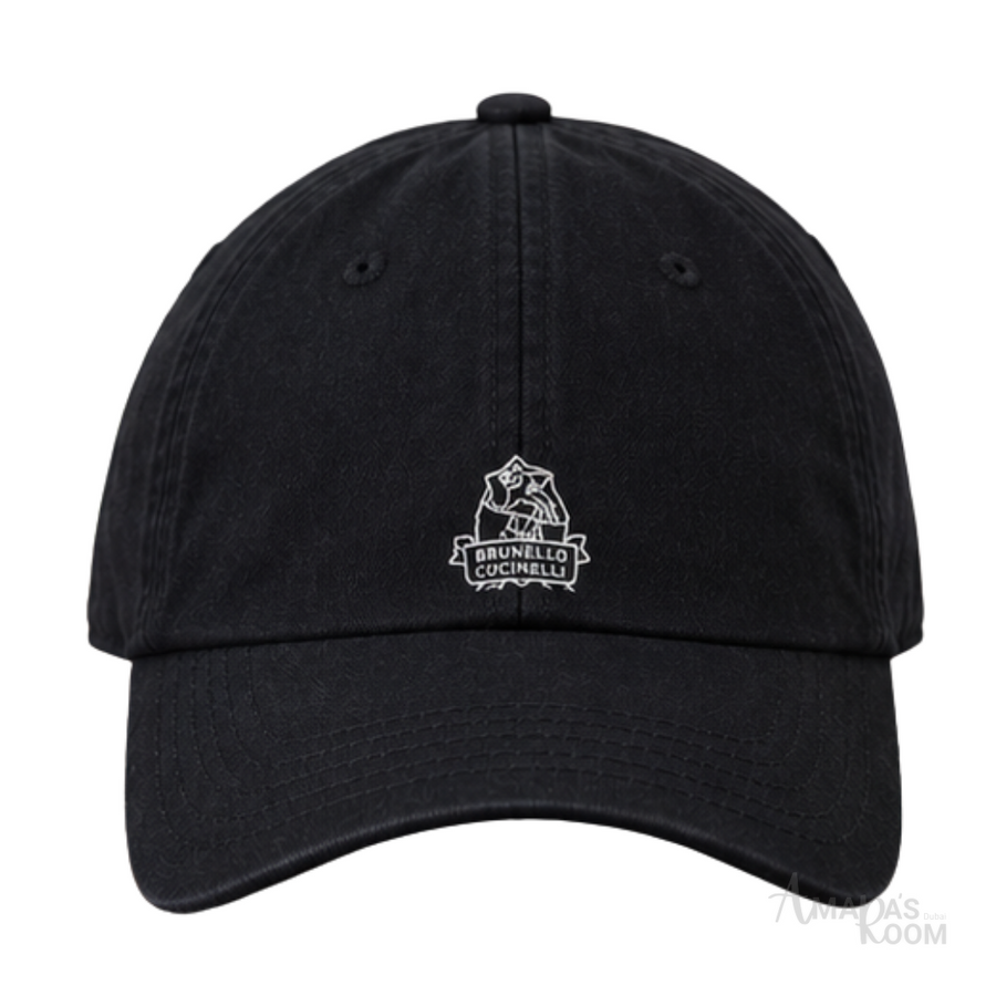 Brunello Cucinelli | Black Cotton Gabardine Embroidered Solomeo Crest Baseball Cap - View 1