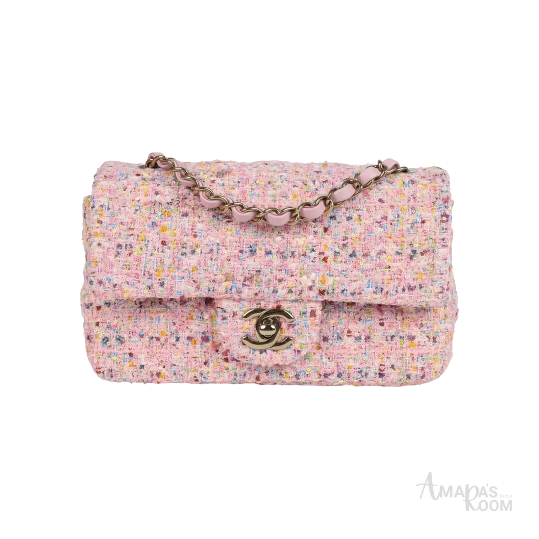 Chanel Mini Flap Bag Pink Tweed and Sequin Light Gold Hardware - View 1