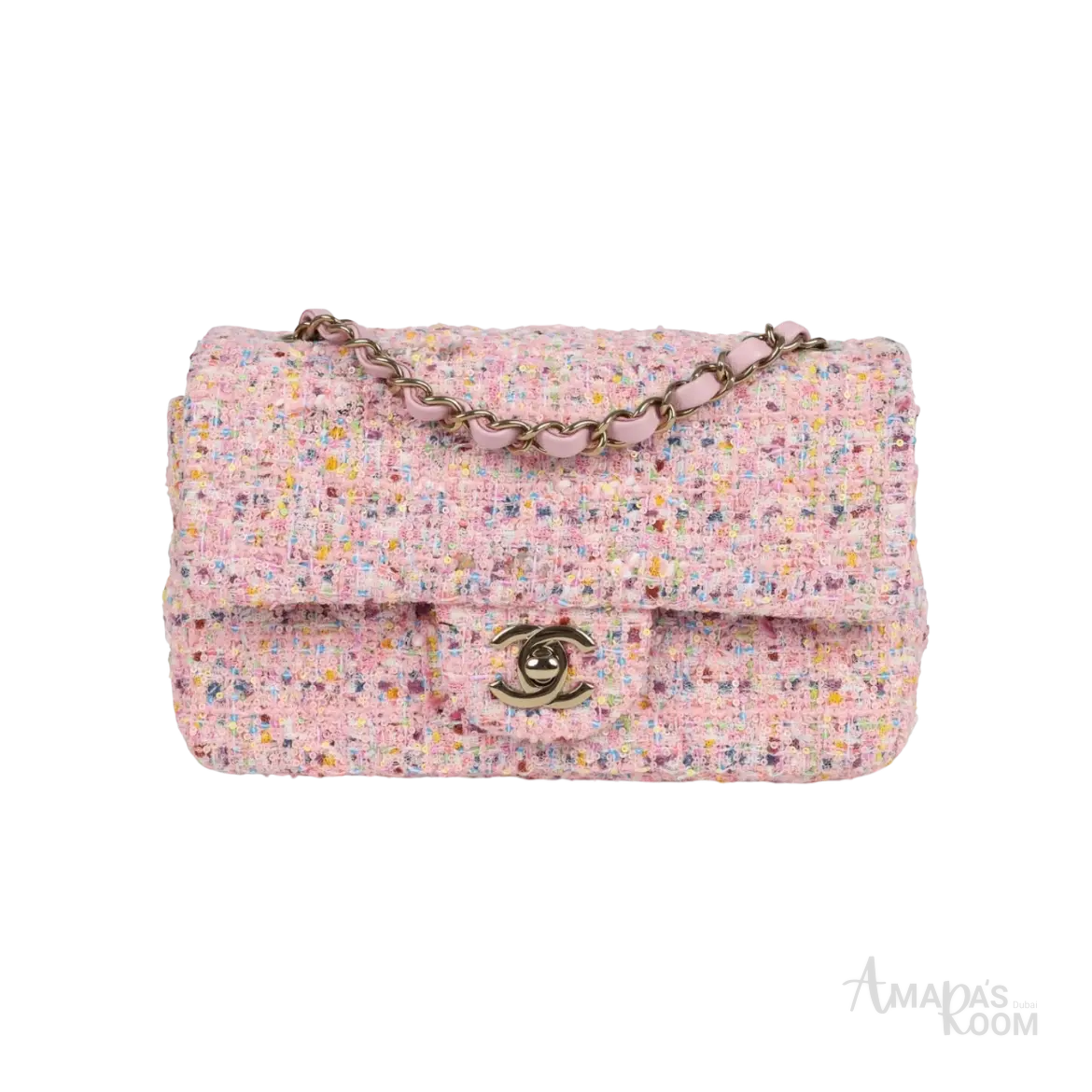 Chanel Mini Flap Bag Pink Tweed and Sequin Light Gold Hardware - View 1