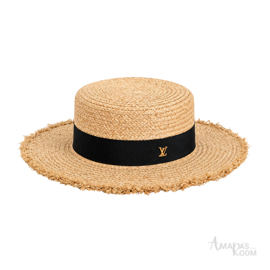 Louis Vuitton Natural Raffia Straw Boater Hat Black Band – product view