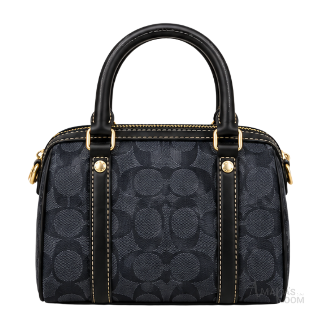 Coach Bag | Micro Rowan Satchel – Midnight Blue – Black (Signature jacquard canvas with black leather trim)