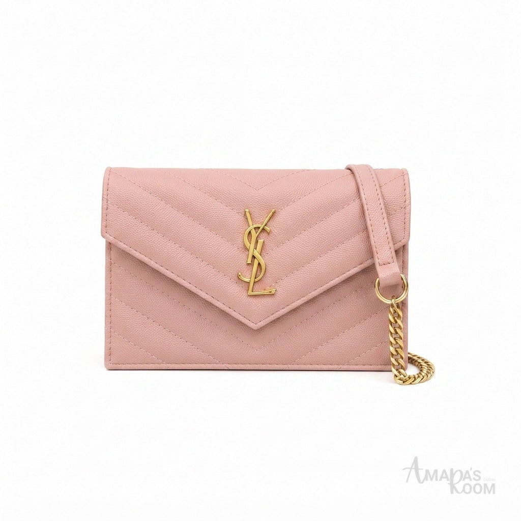 Saint Laurent Grain de Poudre Cassandre Chain Wallet – Pink - View 1