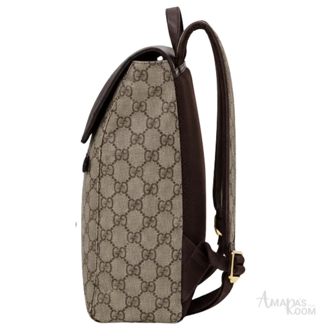 Gucci Bag | Eden GG Supreme Canvas Backpack (with dark brown leather flap) – Beige – Brown (Monogram canvas with dark espresso brown leather trim and gold-tone zipper)