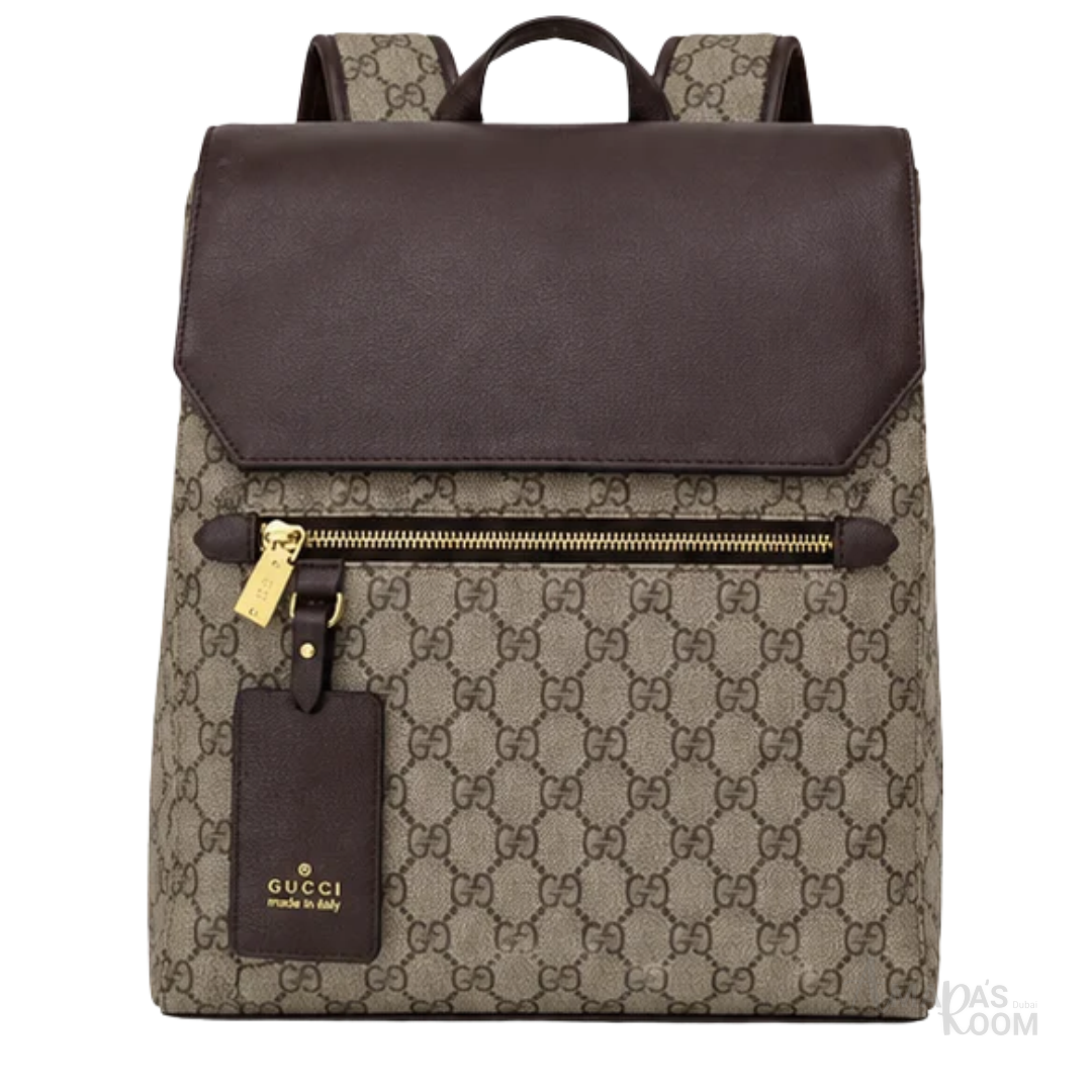 Gucci Bag | Eden GG Supreme Canvas Backpack (with dark brown leather flap) – Beige – Brown (Monogram canvas with dark espresso brown leather trim and gold-tone zipper)