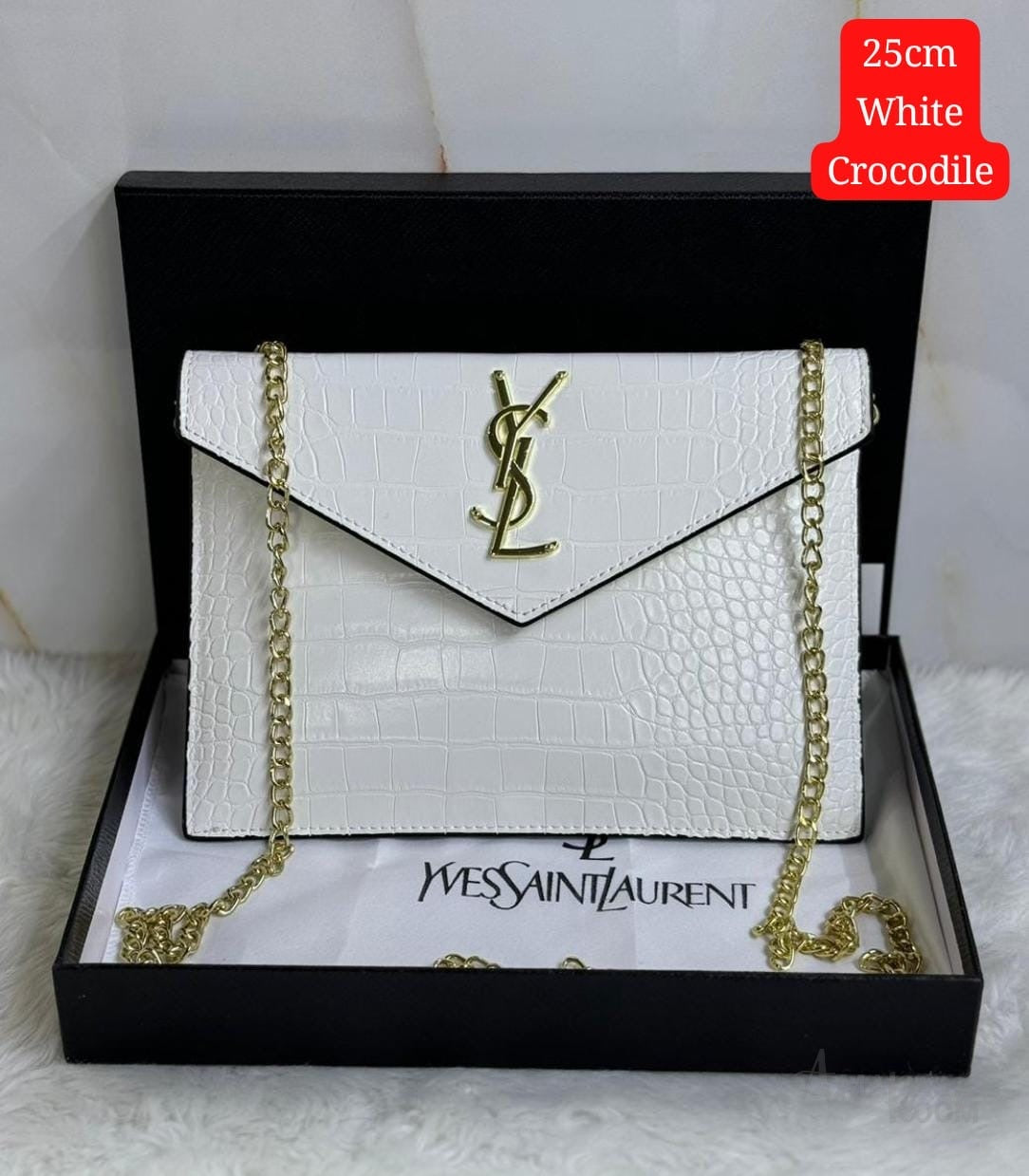 Saint Laurent Bag | (YSL) – Cassandra Medium Chain Wallet (Envelope Shoulder Bag) – White (Croc-Embossed Leather with gold-tone hardware)