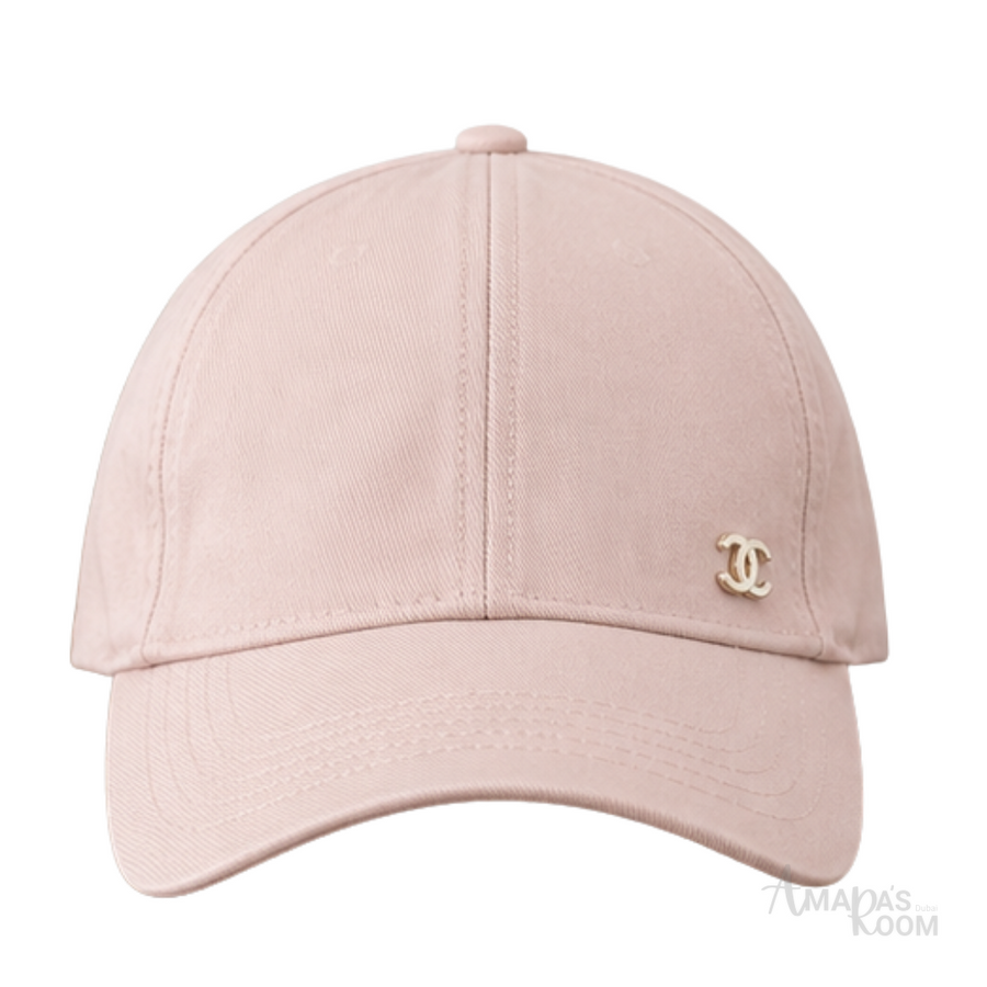 Chanel | Light Pastel Pink Cotton Classic Baseball Cap with Gold Metal CC Charm - View 1