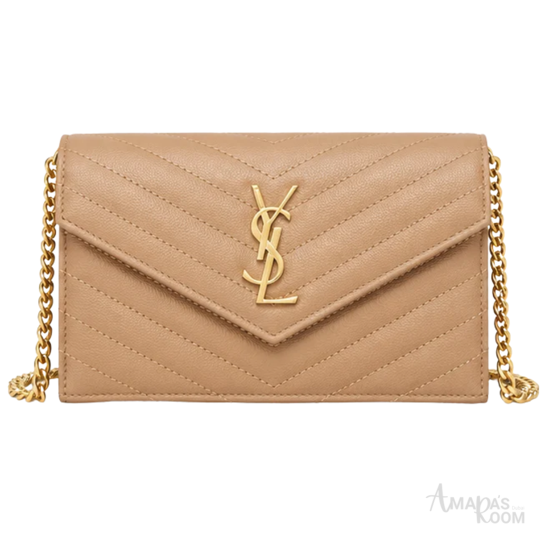 Saint Laurent Bag | (YSL) – Cassandre Matelassé Wallet on Chain (Envelope Chain Wallet) – Beige (Dark Beige – Dark Natural grain de poudre leather with gold-tone hardware)