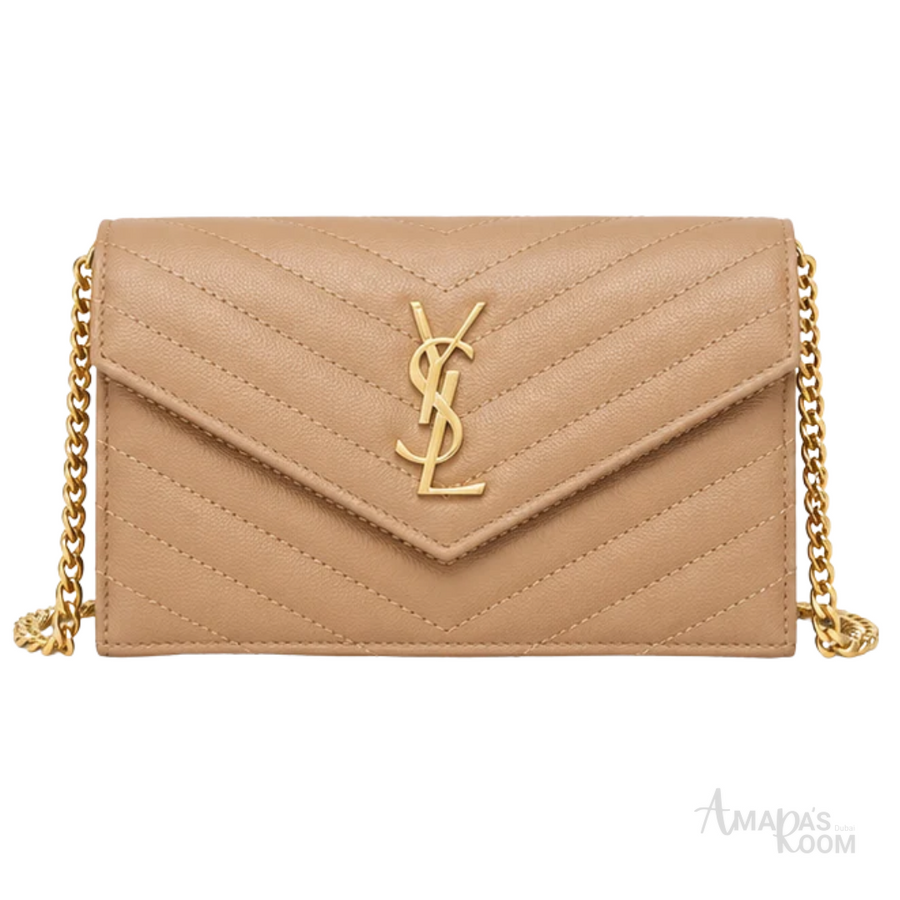 Saint Laurent Bag | (YSL) – Cassandre Matelassé Wallet on Chain (Envelope Chain Wallet) – Beige (Dark Beige – Dark Natural grain de poudre leather with gold-tone hardware)