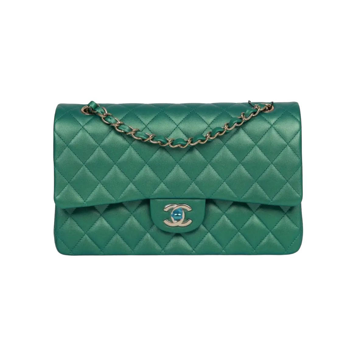 Chanel Classic Double Flap Bag Green Iridescent Lambskin Light Gold Hardware - View 1