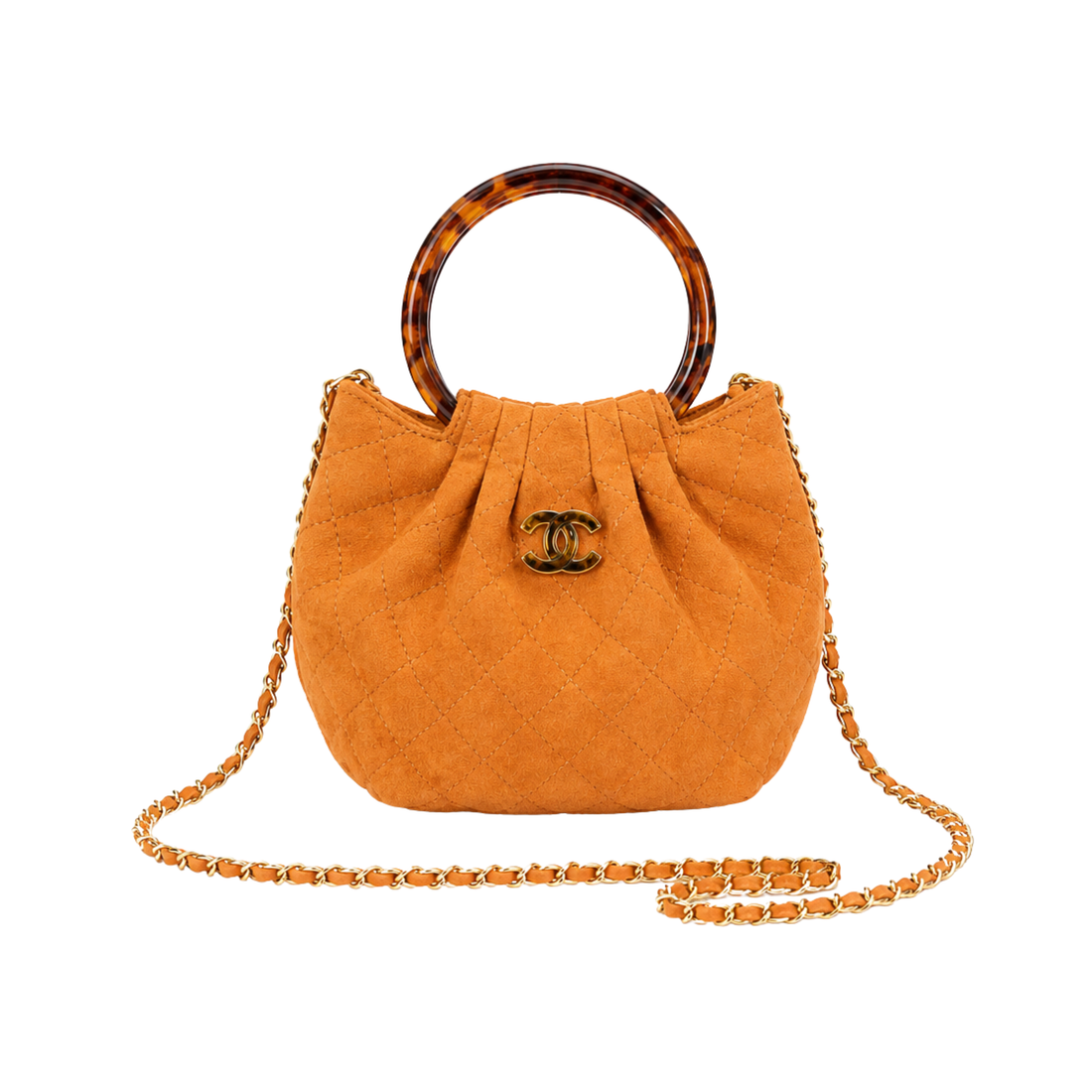 Chanel Dark Camel Suede Pleated Top Handle Bag - image 1