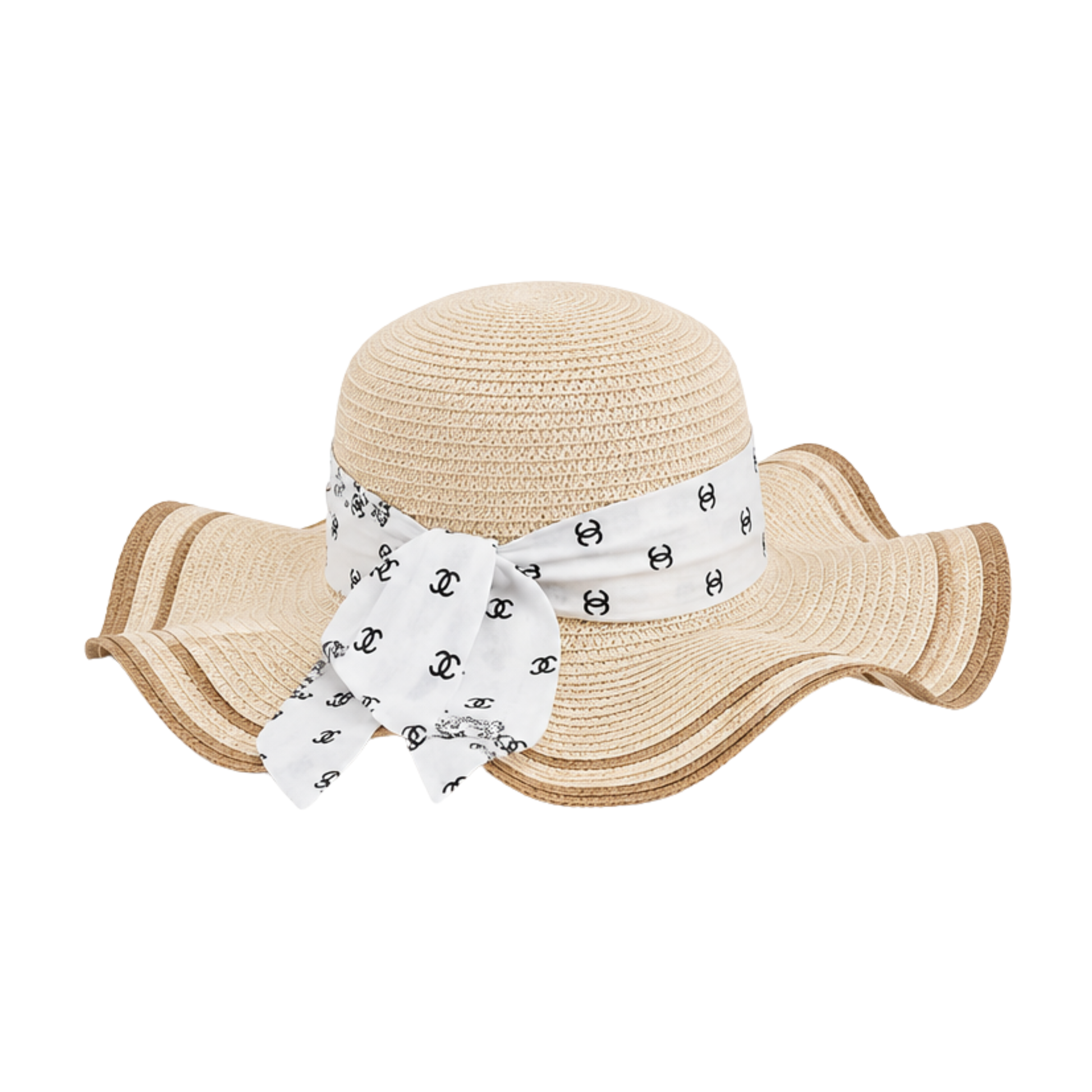 Chanel Wide-Brim CC Denim Band Straw Hat Beige – product view