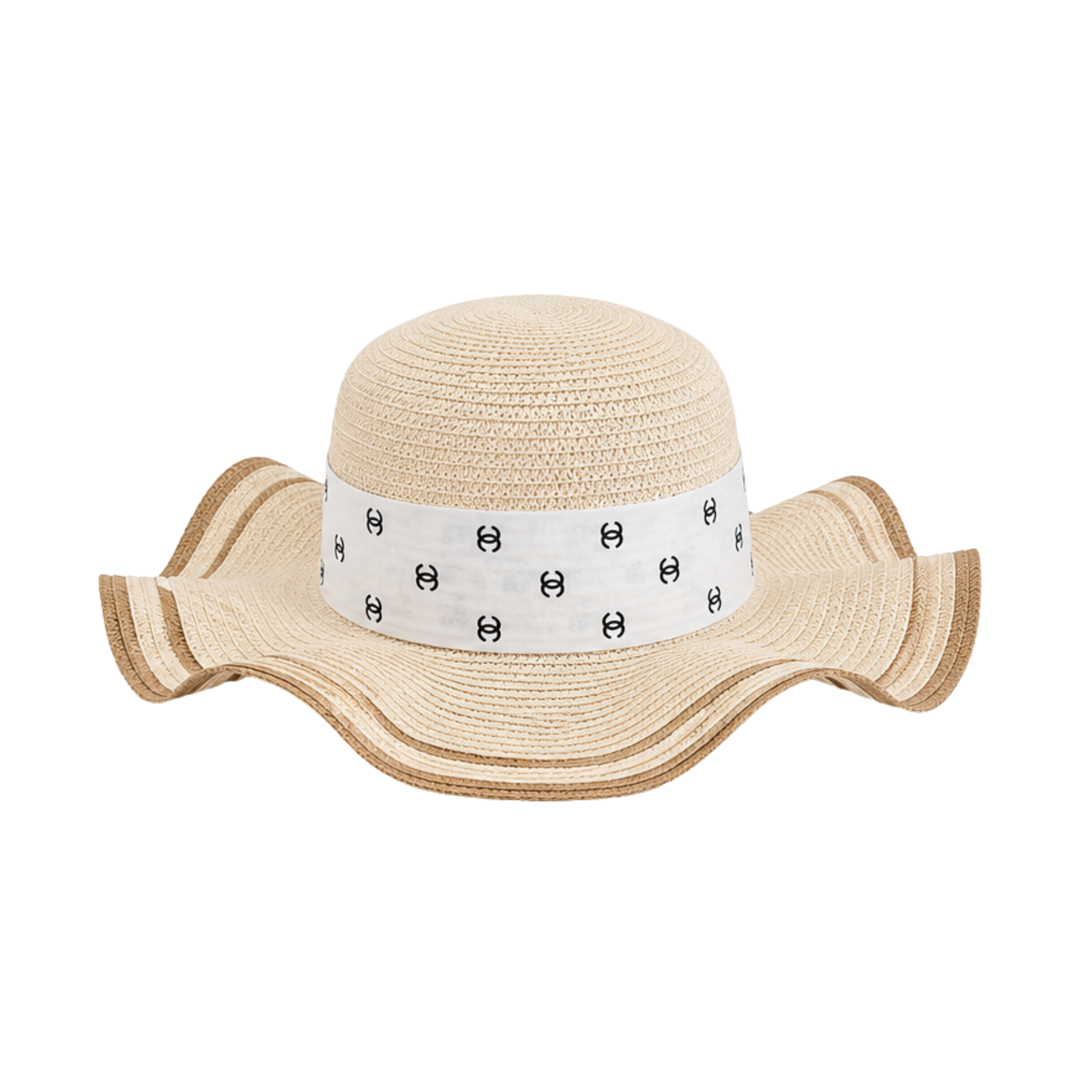 Chanel Wide-Brim CC Denim Band Straw Hat Beige – product view