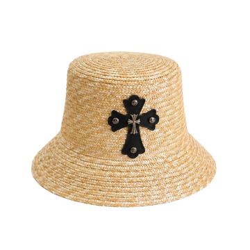 Chrome Hearts Cross Patch Straw Bucket Hat Natural Beige Black – product view