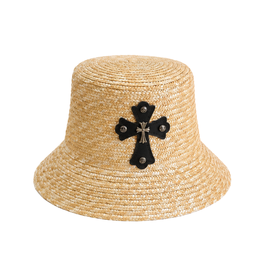 Chrome Hearts Cross Patch Straw Bucket Hat Natural Beige Black – product view