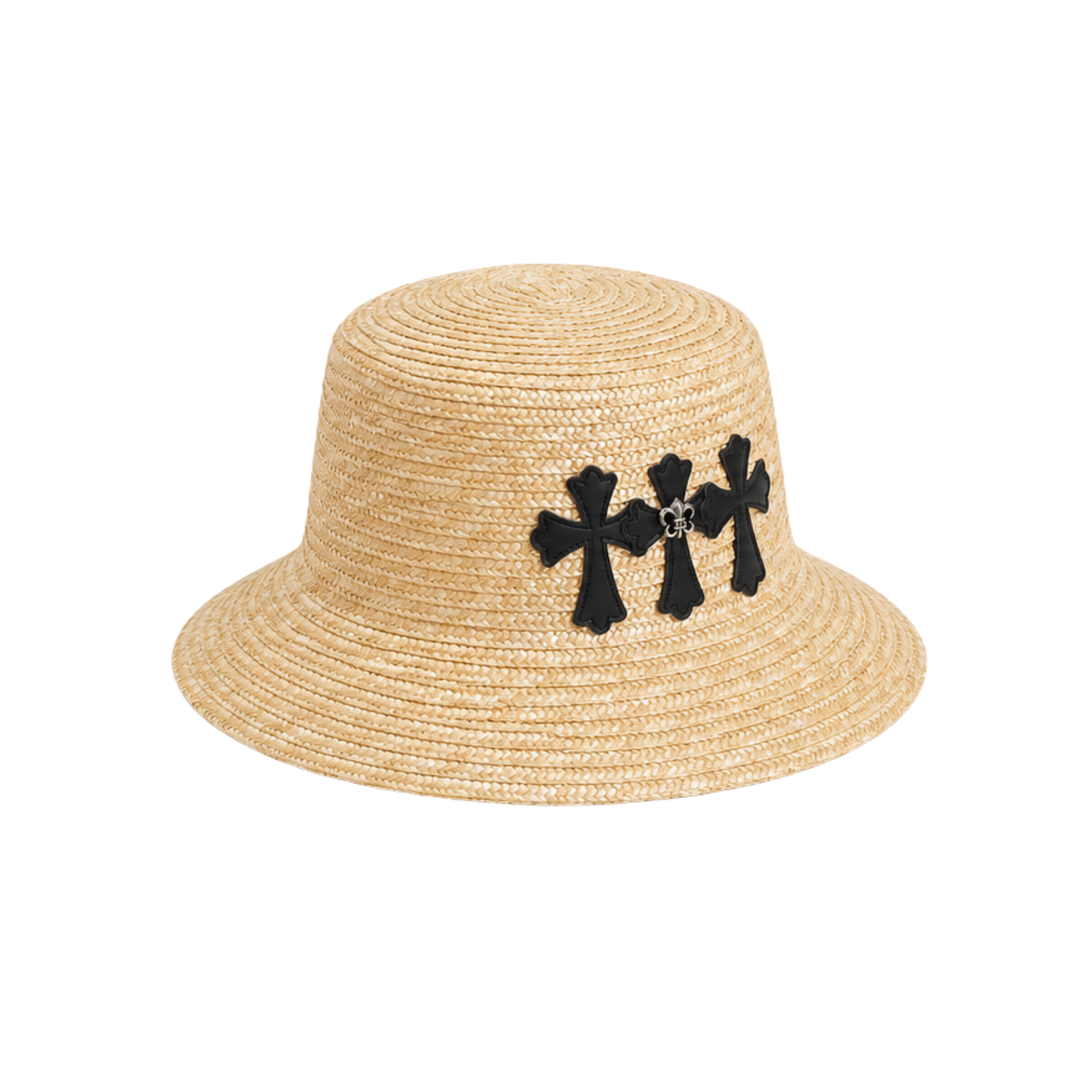 Chrome Hearts Leather Cross Straw Bucket Hat Beige Black – product view