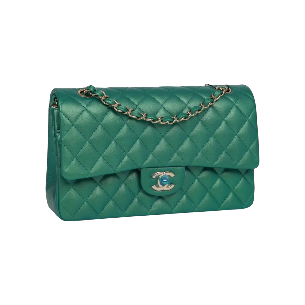 Chanel Classic Double Flap Bag Green Iridescent Lambskin Light Gold Hardware - View 2