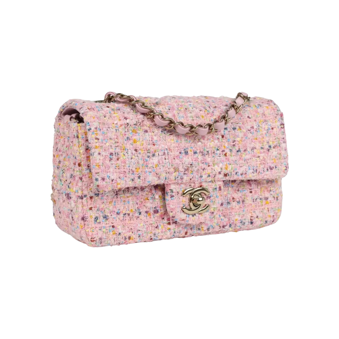 Chanel Mini Flap Bag Pink Tweed and Sequin Light Gold Hardware - View 2