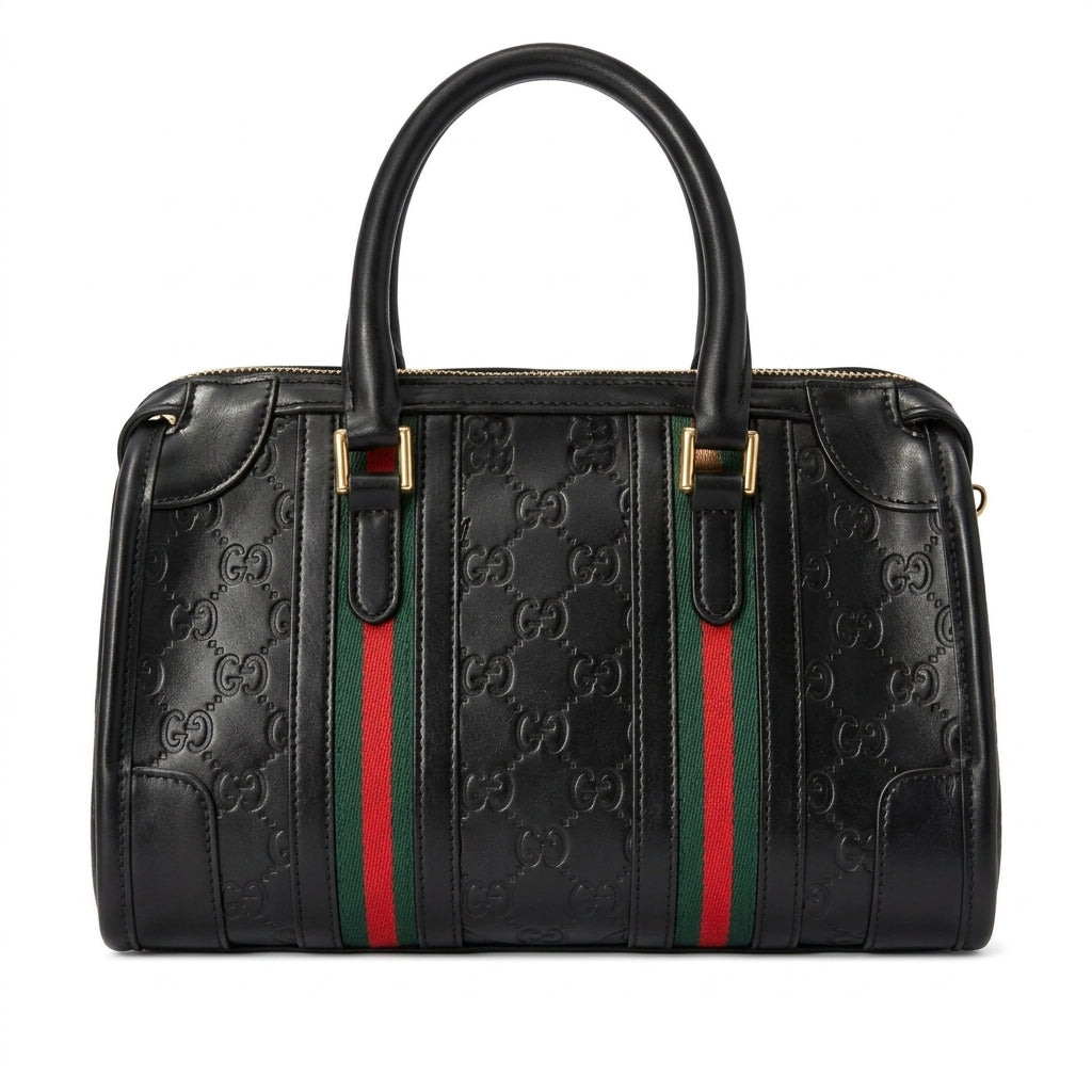Gucci GG Monogram Bag – Black with Red & Green Web Stripe - View 1