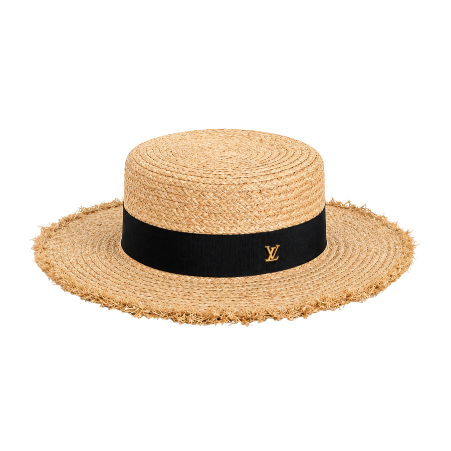 Louis Vuitton Natural Raffia Straw Boater Hat Black Band – product view