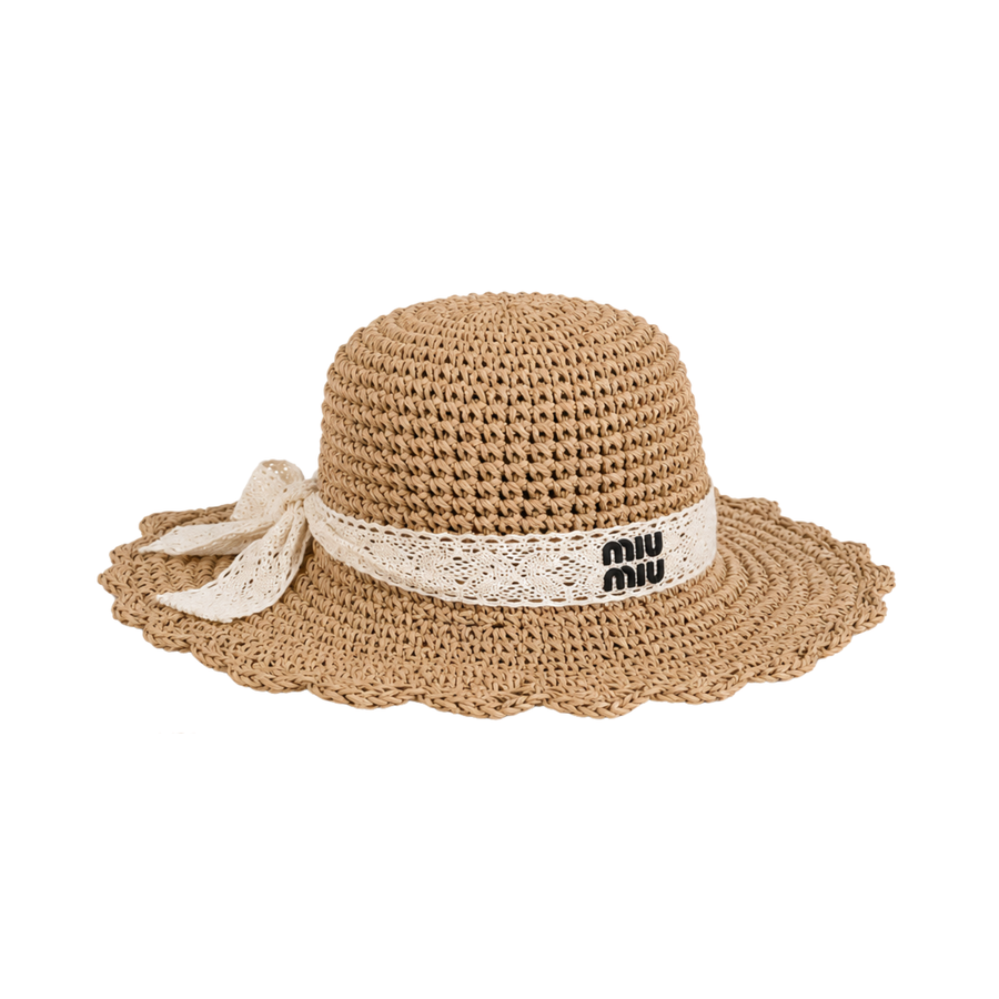 Miu Miu Crochet Straw Sun Hat Natural Beige – product view