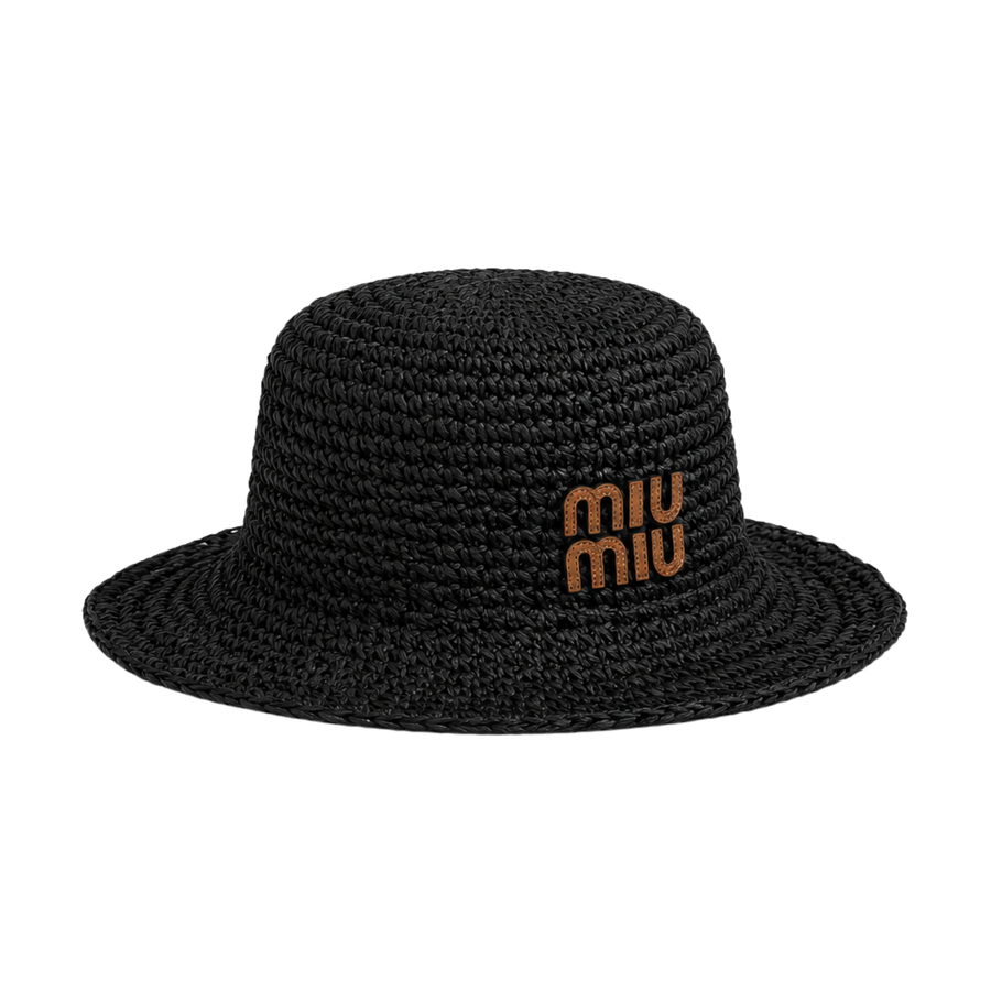 Miu Miu Logo Raffia-Effect Bucket Hat Black – product view