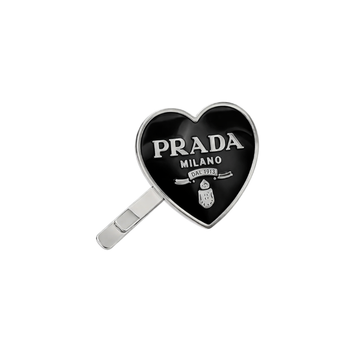 Prada Jewelry | Heart Logo Hair Clip Silver Black Enamel