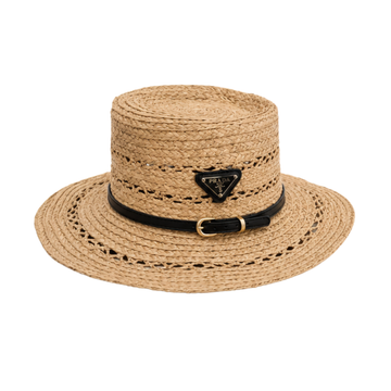 Prada Triangle Logo Straw Boater Hat Beige Black – product view