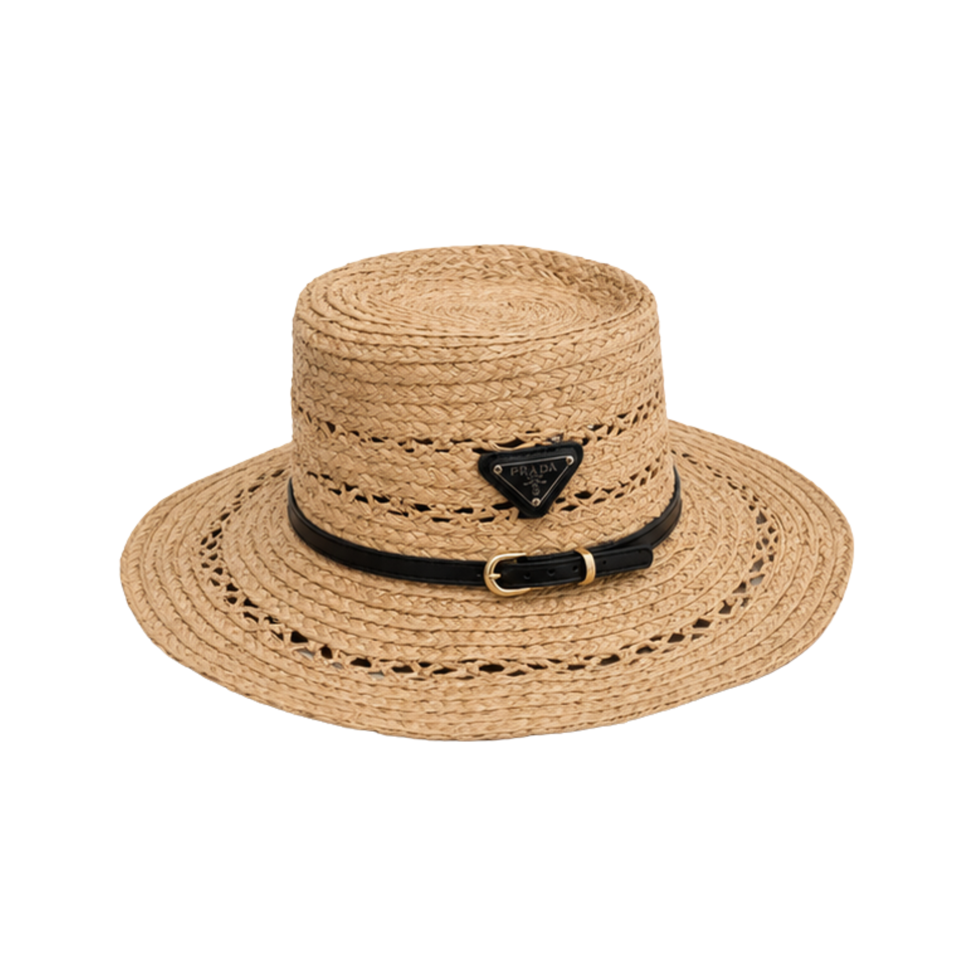 Prada Triangle Logo Straw Boater Hat Beige Black – product view