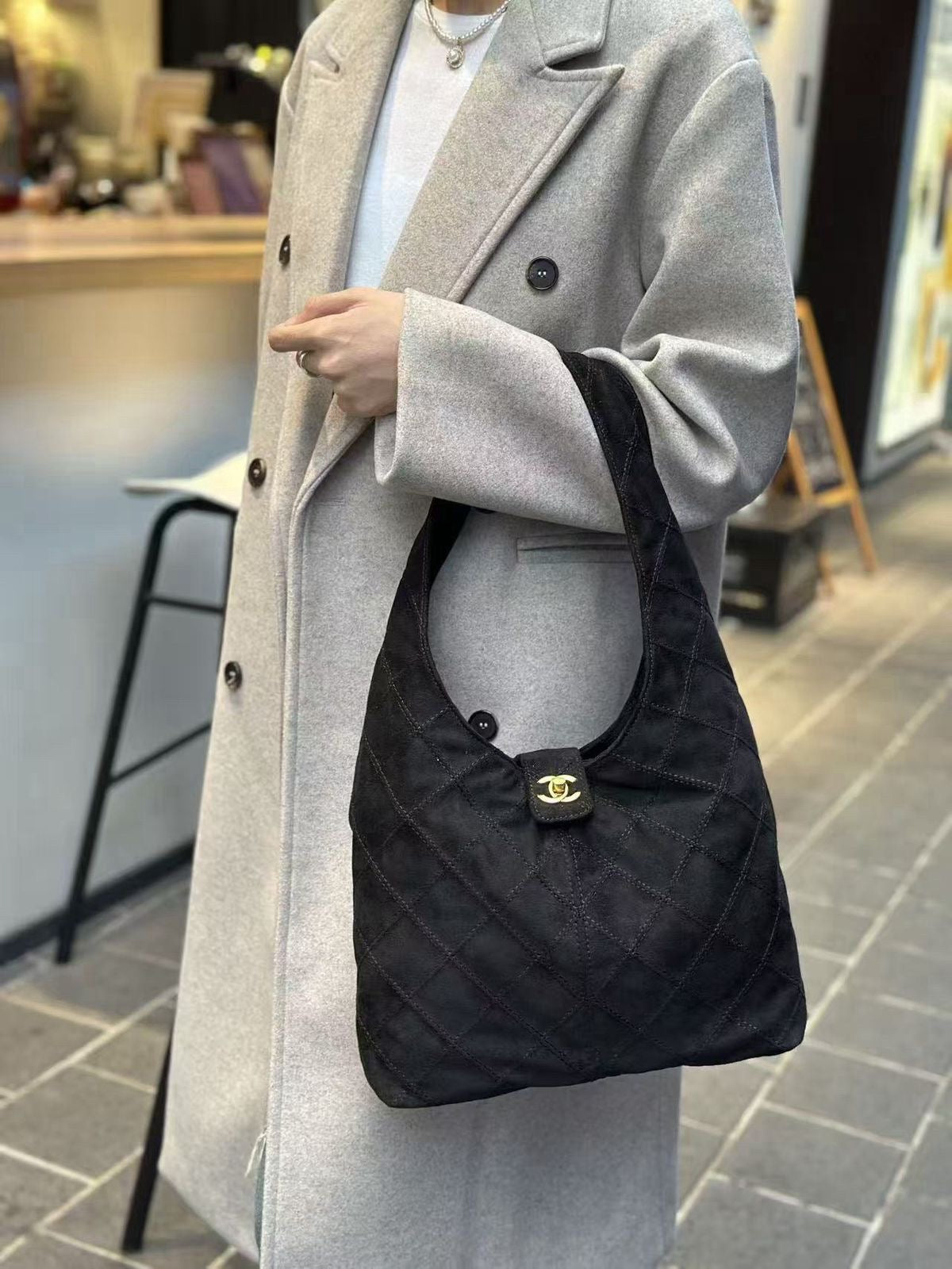 Chanel Quilted Suede Hobo Bag – Black - View 5