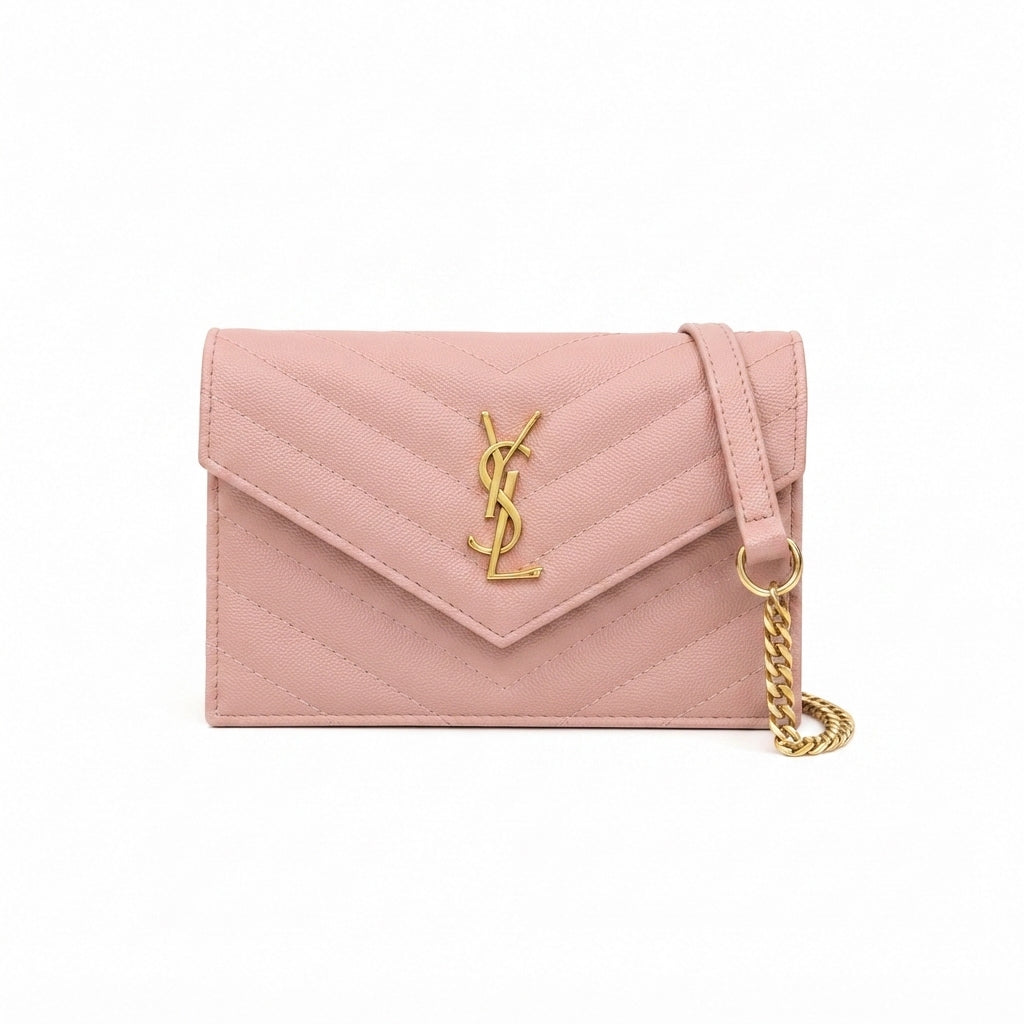 Saint Laurent Grain de Poudre Cassandre Chain Wallet – Pink - View 1