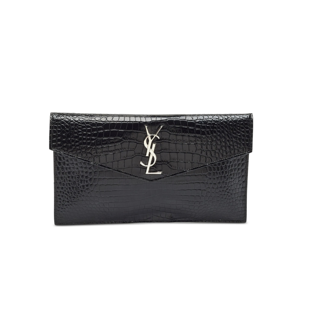 Saint Laurent Uptown Crocodile-Embossed Leather Pouch – Black - View 1