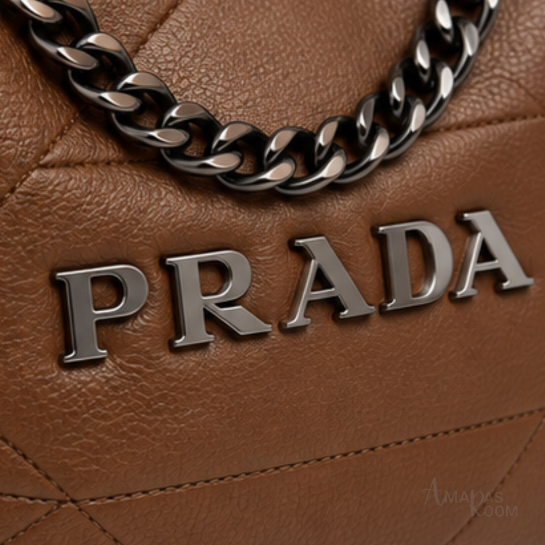 Prada Bag | Triangle Stitch Leather Hobo Bag (with chain strap) – Brown (Cognac – Tan nappa leather with silver-tone metal logo lettering)