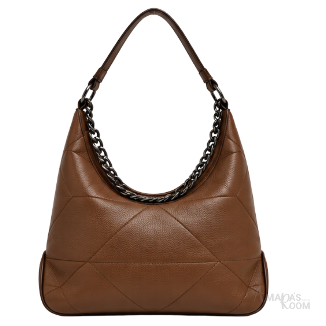 Prada Bag | Triangle Stitch Leather Hobo Bag (with chain strap) – Brown (Cognac – Tan nappa leather with silver-tone metal logo lettering)