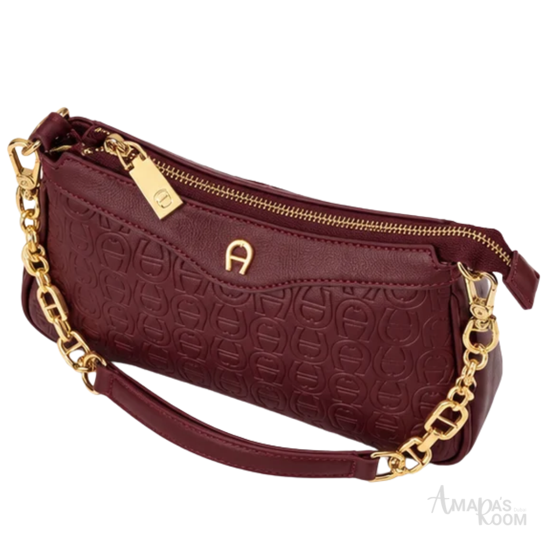 Aigner Bag | Diadora Logo Pochette (Baguette Crossbody Bag) – Burgundy (Wine Red with gold-tone hardware)