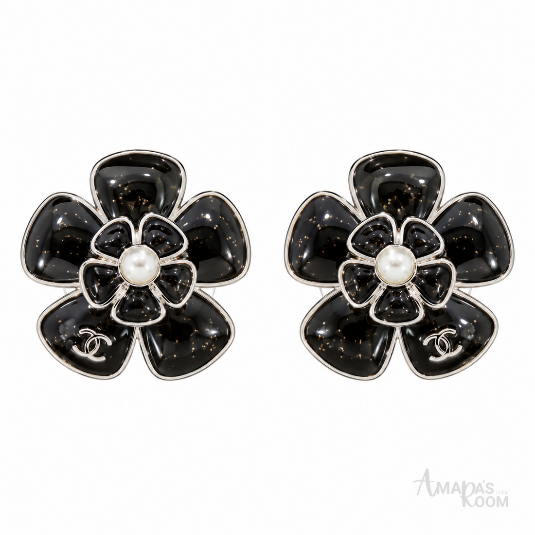 Chanel Black Camellia Pearl Earrings