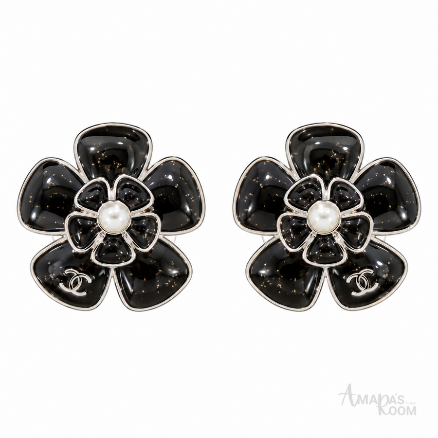 Chanel Black Camellia Pearl Earrings
