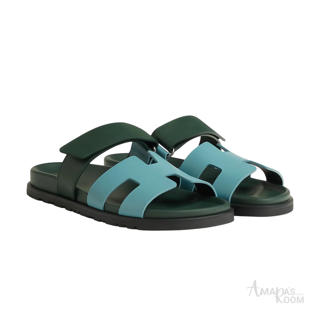 Hermès Chypre Sandals – Bleu Citadin / Vert Bouteille - View 1
