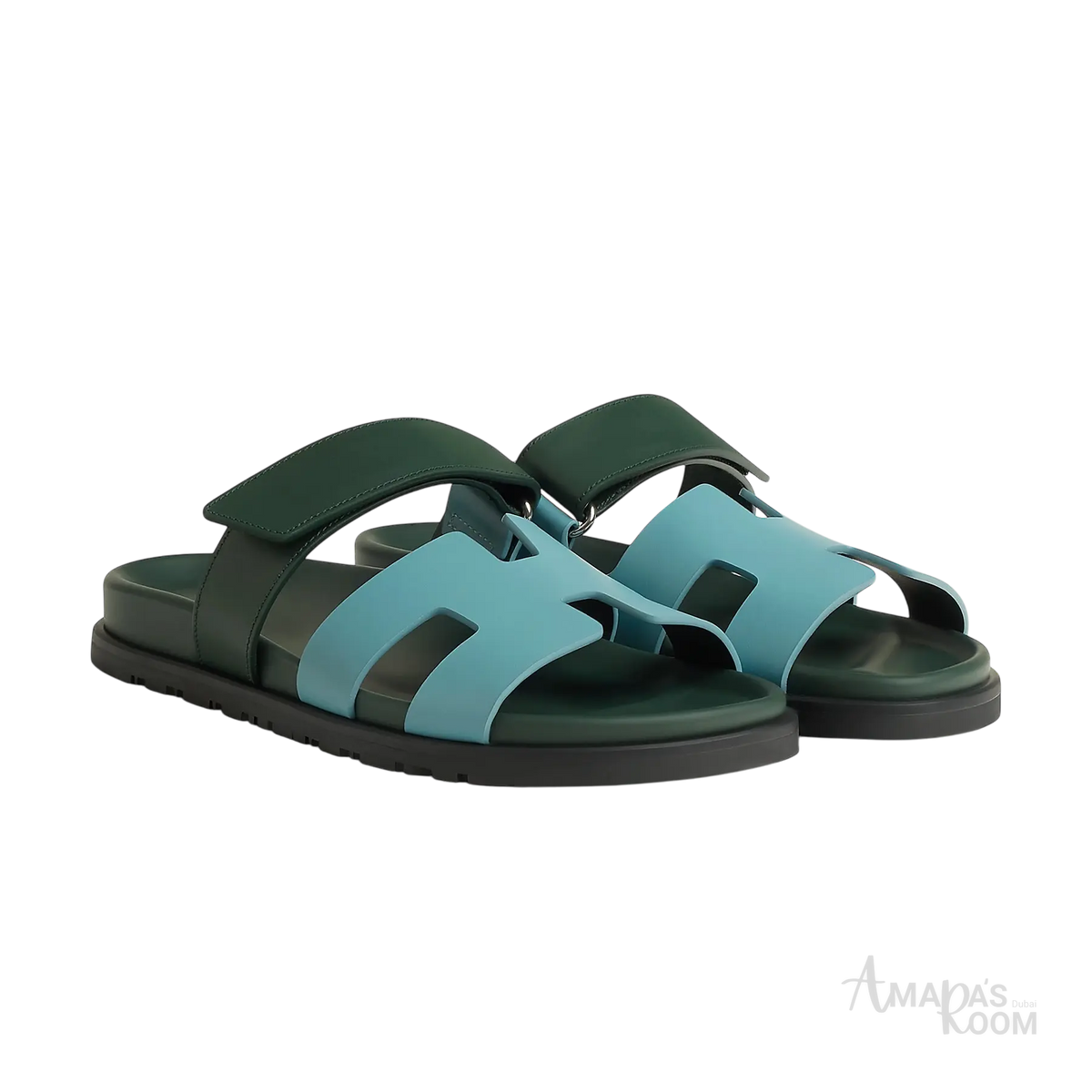 Hermès Chypre Sandals – Bleu Citadin / Vert Bouteille - View 1