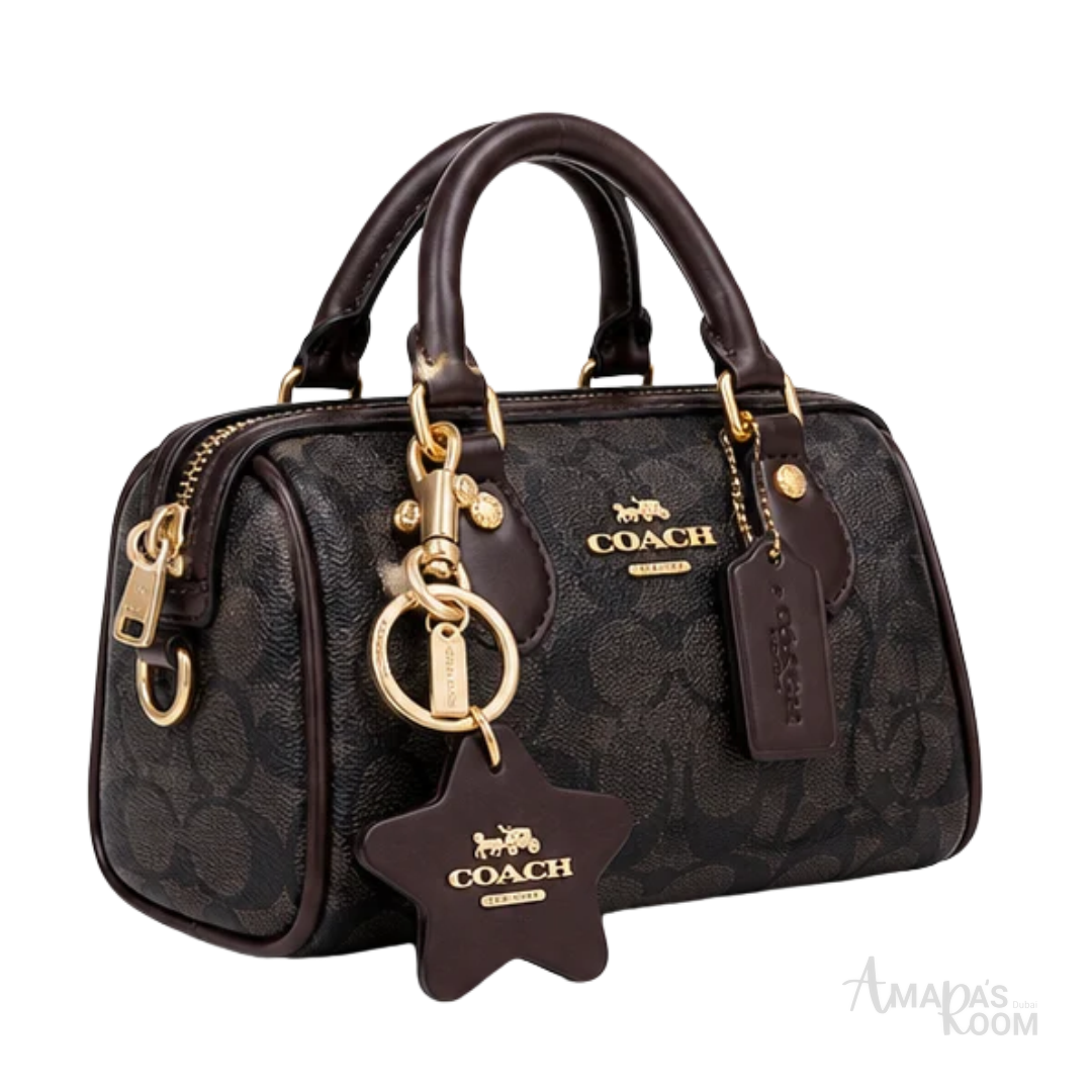 Coach Bag | Mini Rowan Crossbody Bag (featuring a detachable star logo charm) – Brown – Black (Signature Canvas with dark brown leather trim and gold-tone hardware)