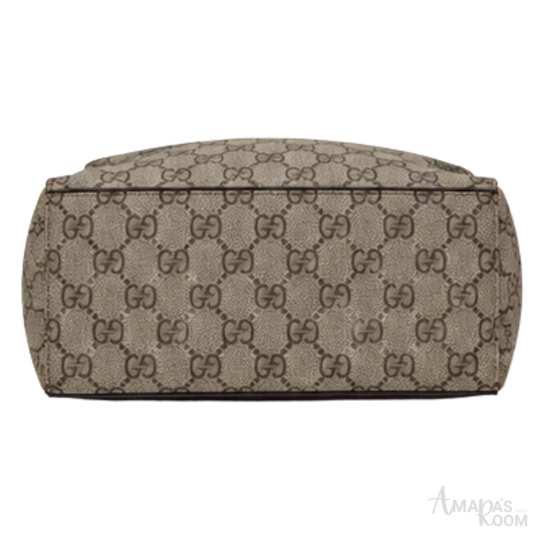 Gucci Bag | Eden GG Supreme Canvas Backpack (with dark brown leather flap) – Beige – Brown (Monogram canvas with dark espresso brown leather trim and gold-tone zipper)