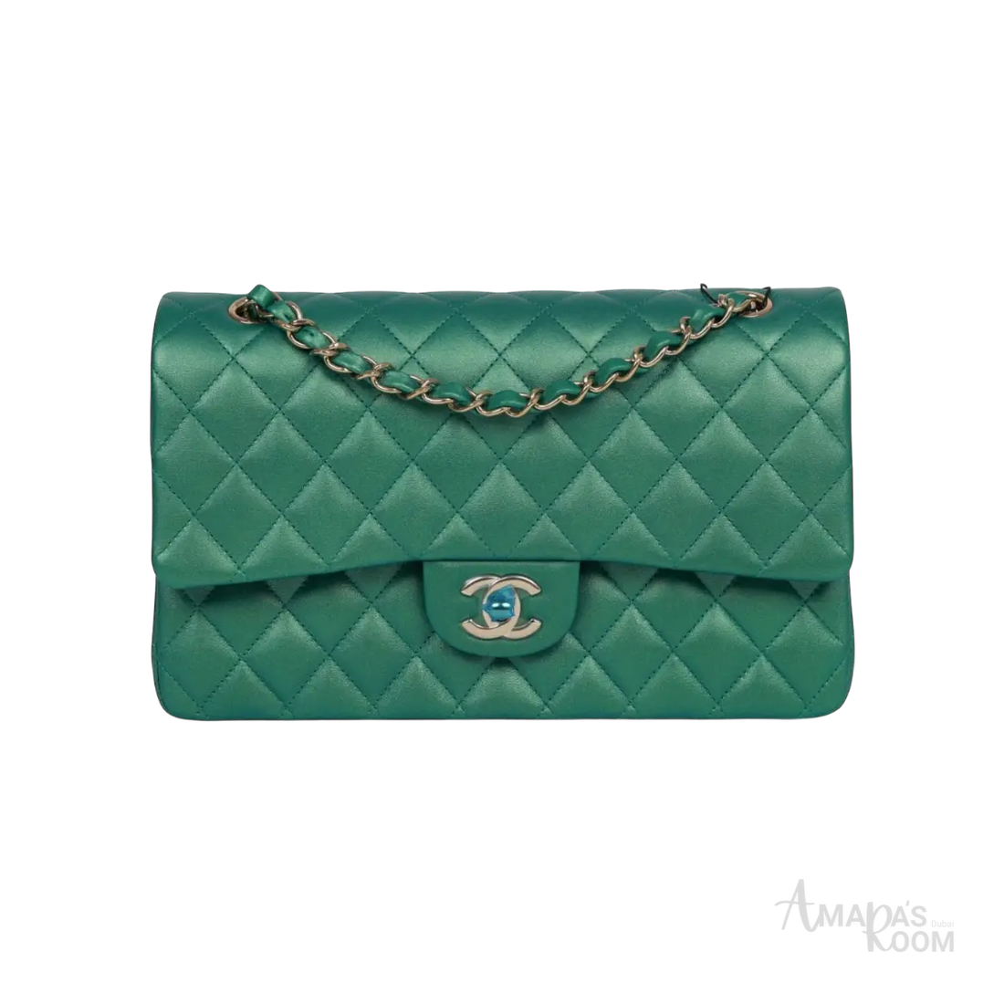 Chanel Classic Double Flap Bag Green Iridescent Lambskin Light Gold Hardware - View 1
