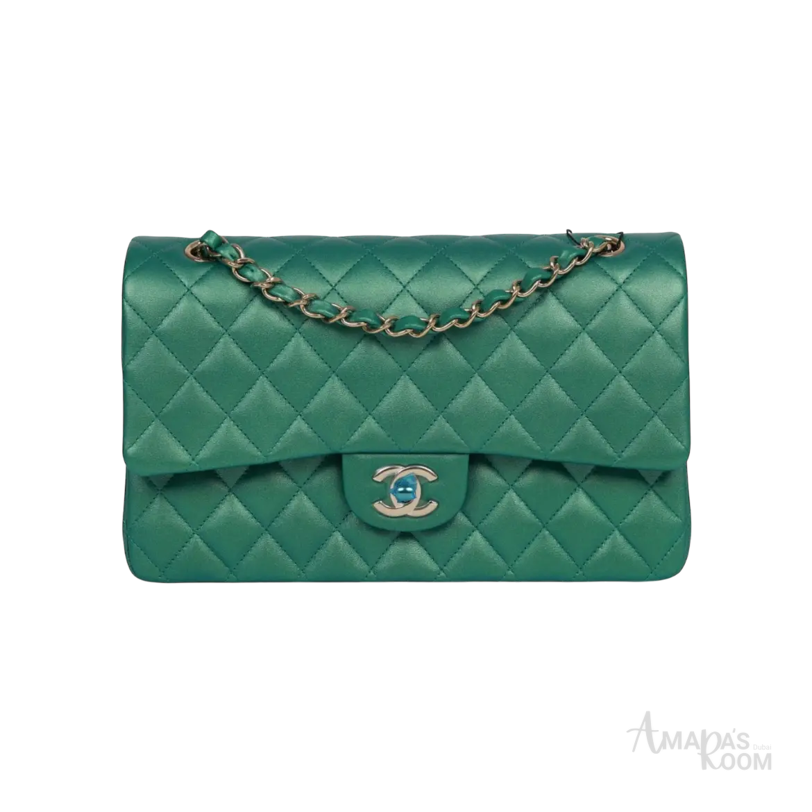 Chanel Classic Double Flap Bag Green Iridescent Lambskin Light Gold Hardware - View 1