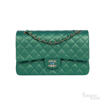 Chanel Classic Double Flap Bag Green Iridescent Lambskin Light Gold Hardware - View 1