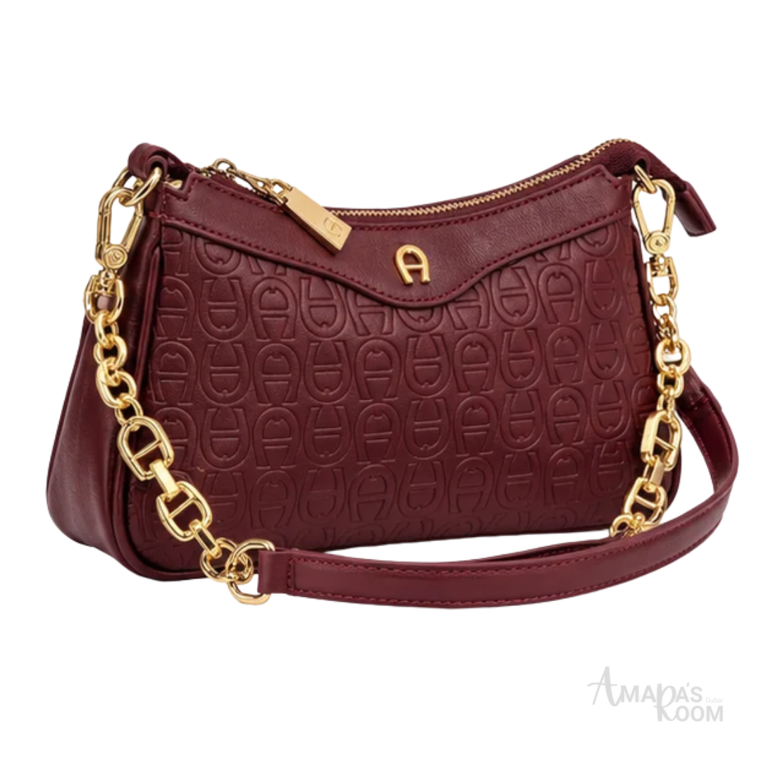 Aigner Bag | Diadora Logo Pochette (Baguette Crossbody Bag) – Burgundy (Wine Red with gold-tone hardware)