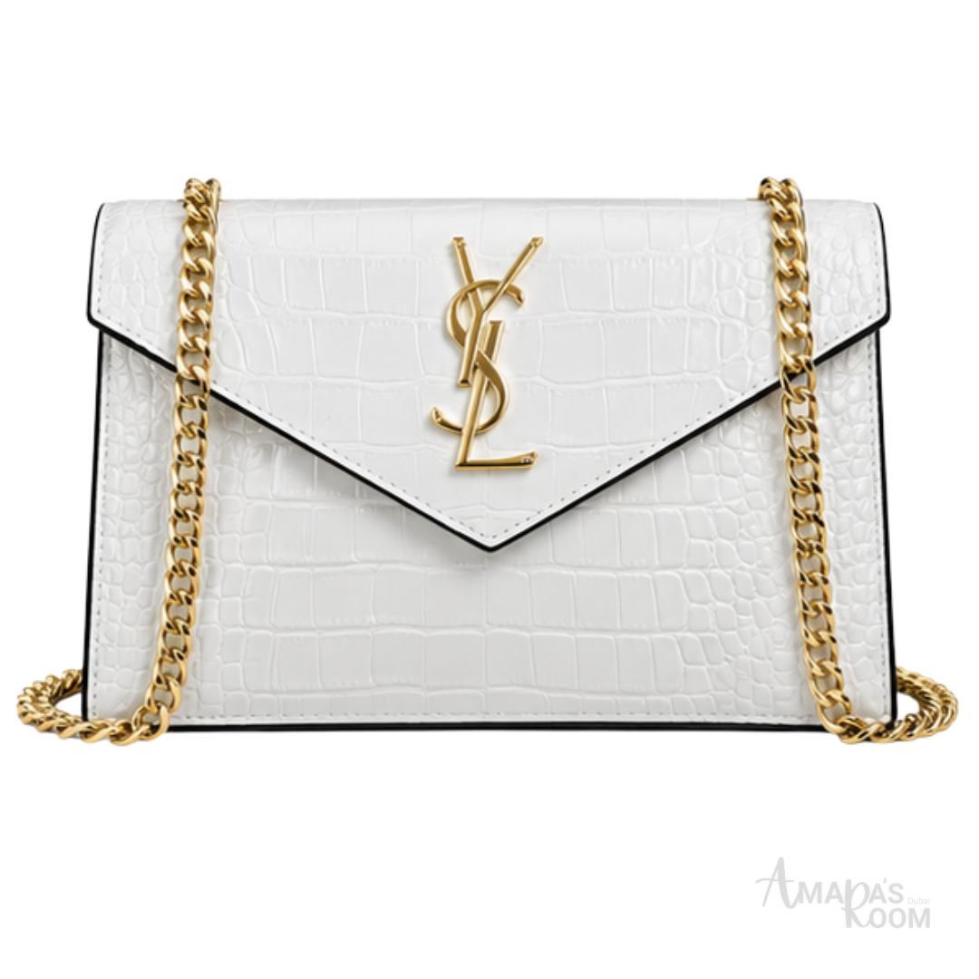 Saint Laurent Bag | (YSL) – Cassandra Medium Chain Wallet (Envelope Shoulder Bag) – White (Croc-Embossed Leather with gold-tone hardware)