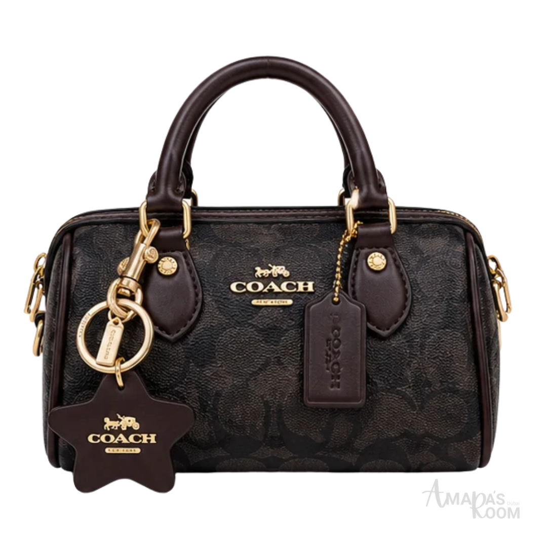 Coach Bag | Mini Rowan Crossbody Bag (featuring a detachable star logo charm) – Brown – Black (Signature Canvas with dark brown leather trim and gold-tone hardware)