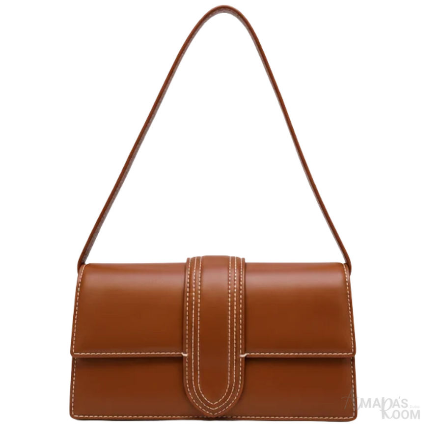 Jacquemus Bag | Le Bambino Long Shoulder Bag – Brown (Tan – Camel with white contrast stitching)