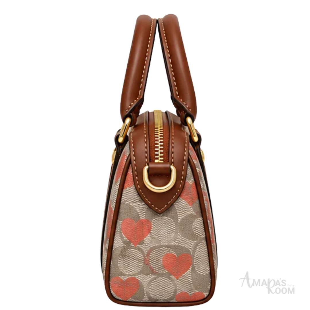 Coach Bag | Micro Rowan Satchel (Heart Print Edition) – Khaki – Red (Signature canvas with red heart overlay and brown leather trim)