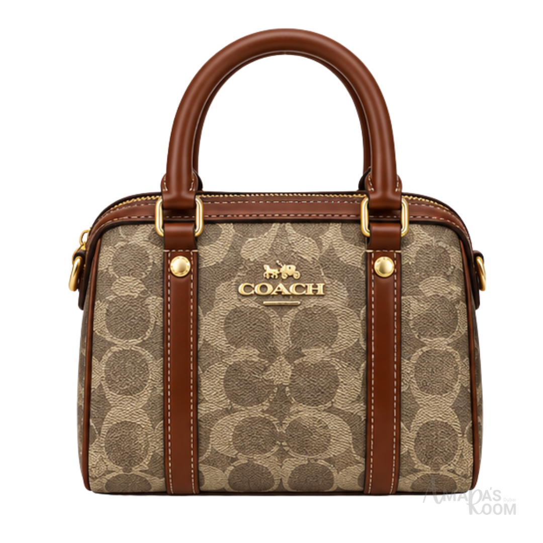 Coach Bag | Micro Rowan Satchel – Khaki – Saddle (Signature coated canvas with tan leather trim)